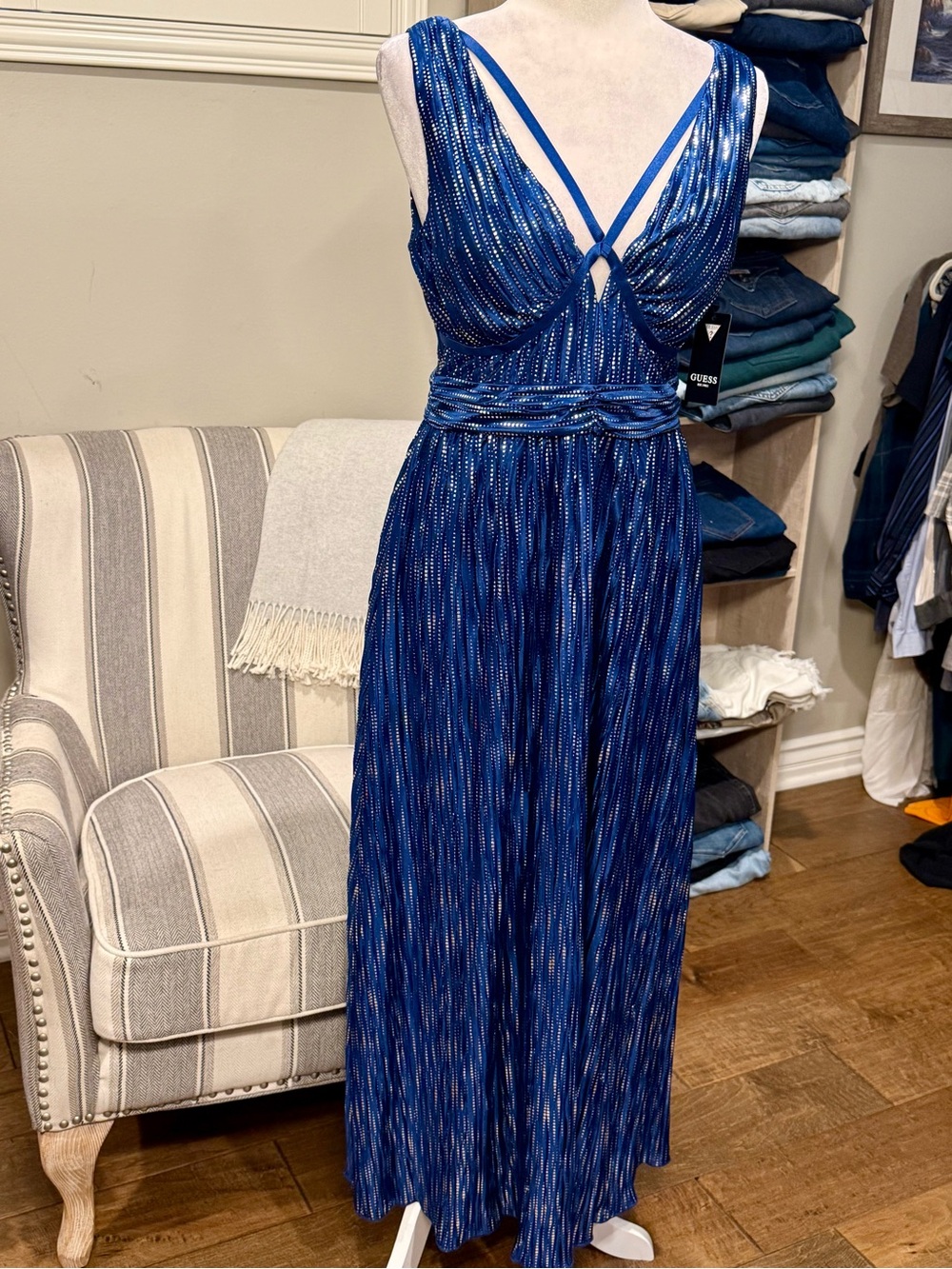 Guess Metallic Blue Strappy V-Neck Maxi Dress